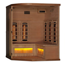 Load image into Gallery viewer, Golden Designs 3-Person Corner Full Spectrum PureTech™ Near Zero EMF FAR Infrared Sauna with Himalayan Salt Bar (Canadian Hemlock)