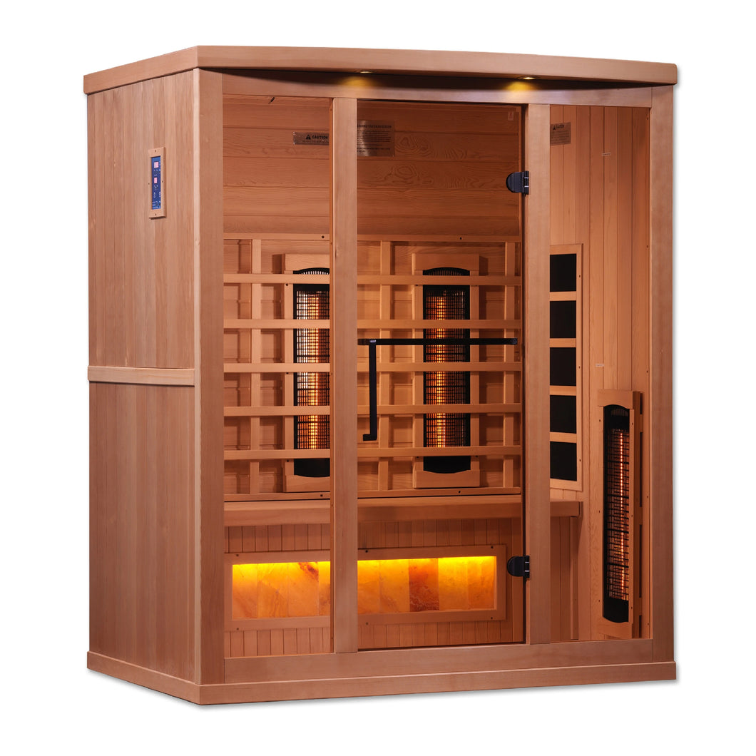 Golden Designs 3-Person Full Spectrum PureTech™ Near Zero EMF FAR Infrared Sauna with Himalayan Salt Bar (Canadian Hemlock)