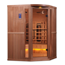 Load image into Gallery viewer, Golden Designs 3-Person Corner Full Spectrum PureTech™ Near Zero EMF FAR Infrared Sauna with Himalayan Salt Bar (Canadian Hemlock)